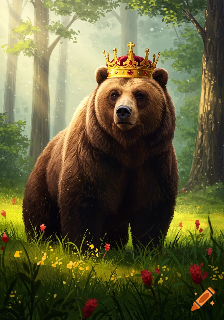 A regal brown bear wearing a golden crown stands in a sunlit forest clearing amidst green grass and red flowers, in a digital painting style.