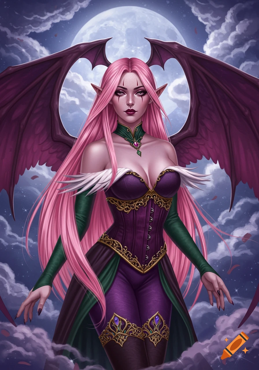 A semi-realistic fantasy portrait of a female character with long pink hair, elf ears, and large bat-like wings. She wears an elegant deep purple and emerald green corset outfit with gold gothic patterns, set against a moonlit night sky with clouds.