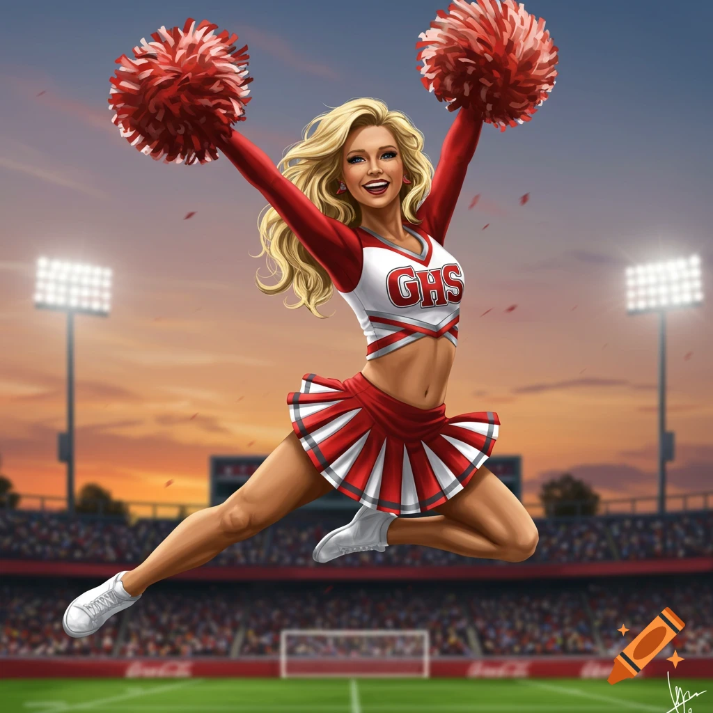 A blonde cheerleader in a red and white uniform jumps with red pom-poms in a stadium at sunset.
