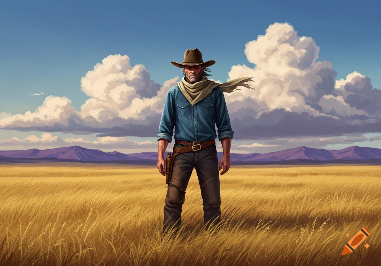 A stylized illustration of a cowboy standing in a golden field under a vast blue sky with large white clouds.