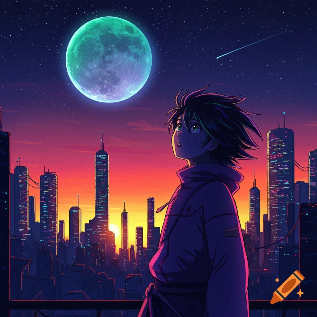 An anime character looks up at a large teal full moon and a shooting star over a city skyline at sunset.