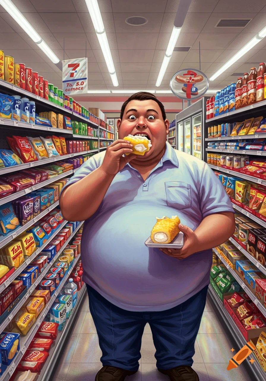 A cartoon illustration of a very overweight man eating a cream-filled pastry inside a 7-Eleven convenience store.