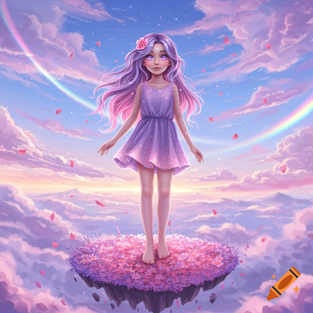 A girl with lavender hair and a purple dress stands on a floating island of pink flowers, surrounded by clouds and rainbows in a pastel sky, anime style.