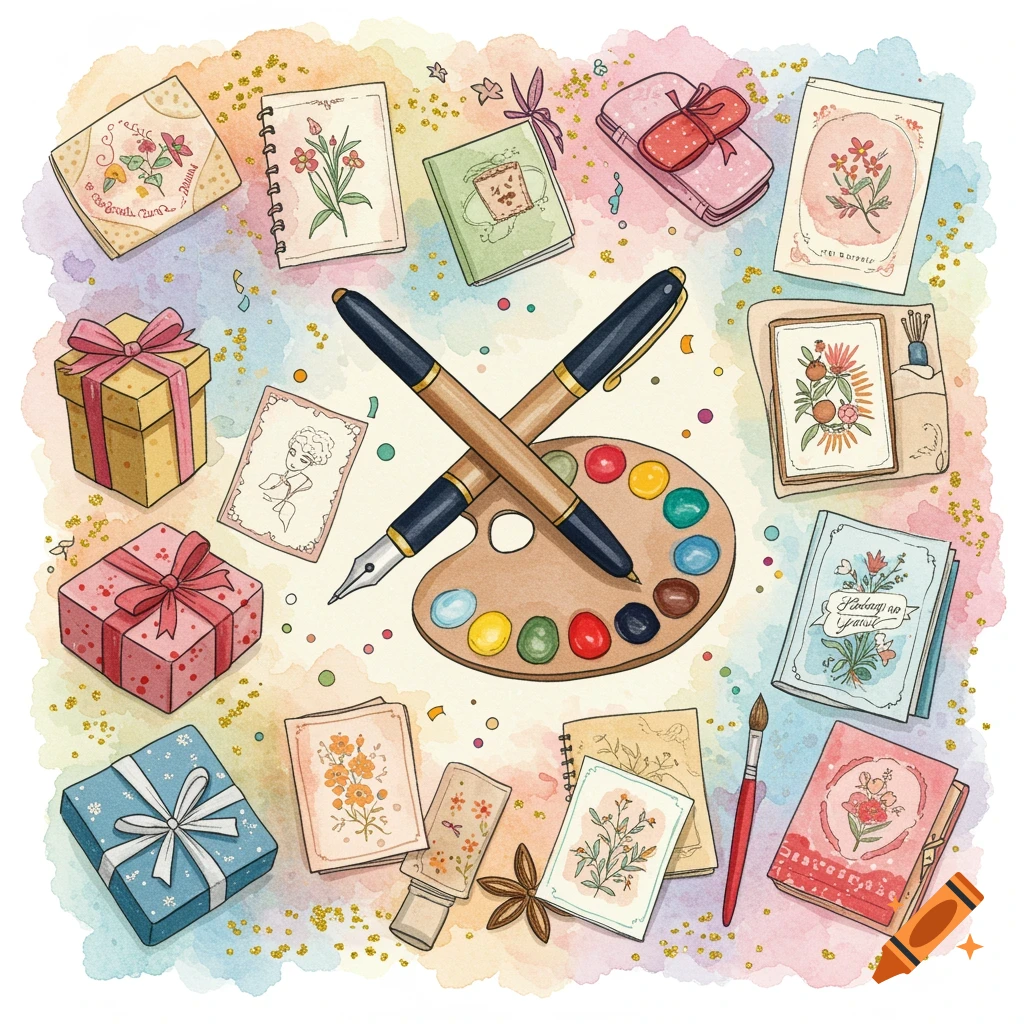 A vibrant watercolor illustration of art supplies, stationery, greeting cards, and gift boxes scattered around a paint palette.