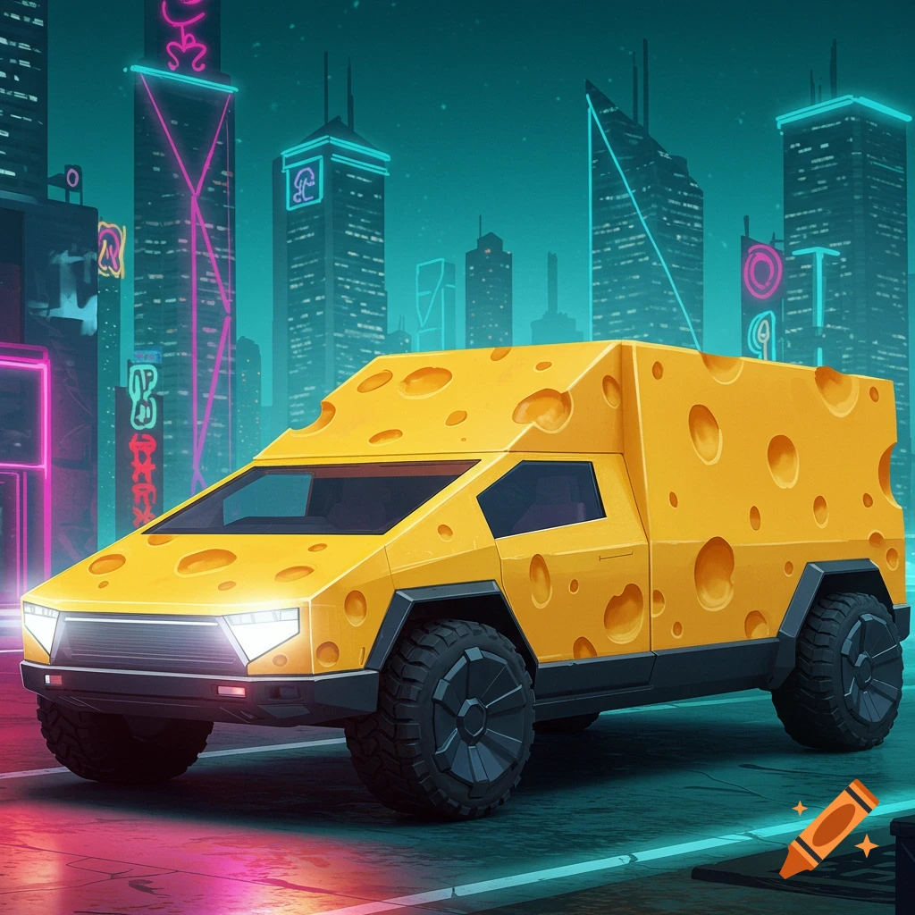 A bright yellow Cybertruck with a cartoon Swiss cheese texture drives on a neon-lit futuristic city street at night.
