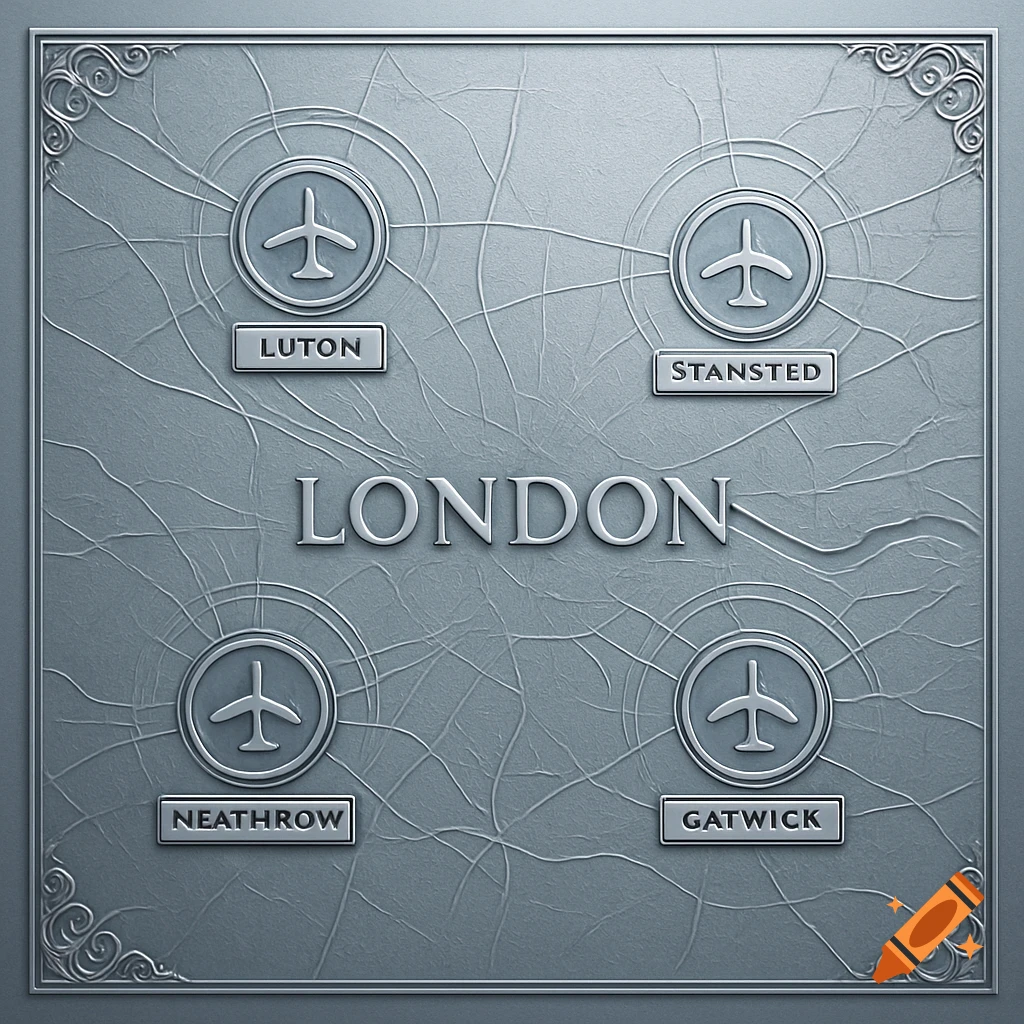 A silver embossed map-like design showing London and four of its airports: Luton, Stansted, Neathrow (misspelled, should be Heathrow), and Gatwick. The map features decorative borders and intricate lines connecting the airports to the central 'LONDON' text.