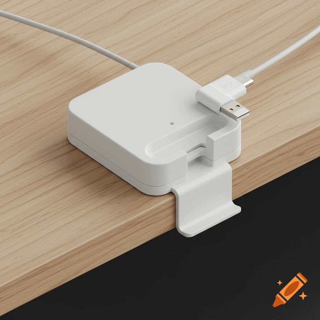 A clean, close-up shot of a white desktop accessory with a USB cable plugged in, sitting on a wooden desk. Photorealistic 3D render.