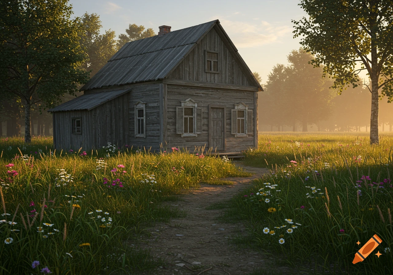 A weathered gray wooden house sits in a sunlit field of tall grass and wildflowers with trees in the background.
