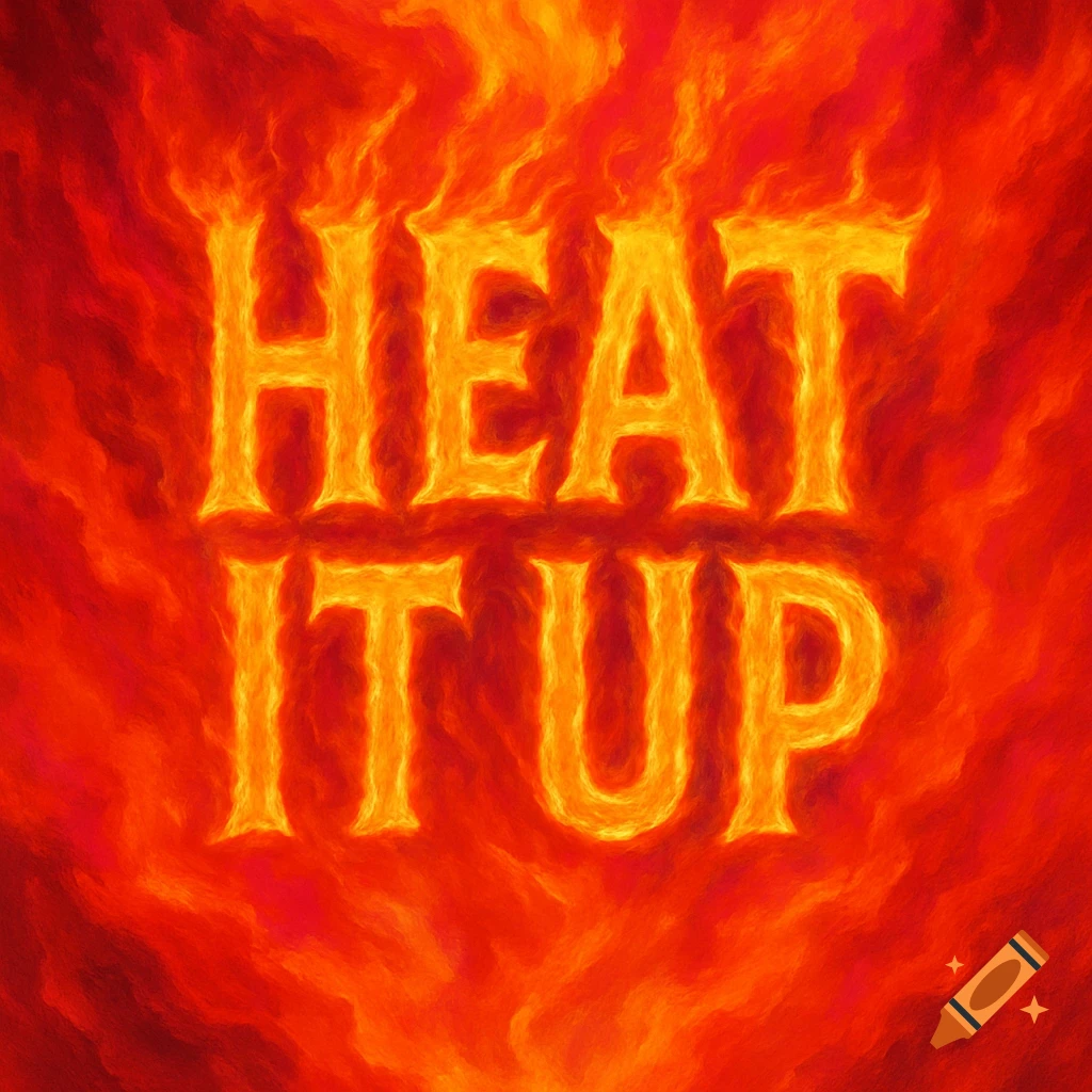 The words HEAT IT UP rendered in bright orange and yellow flames against a deep red and orange fiery background.