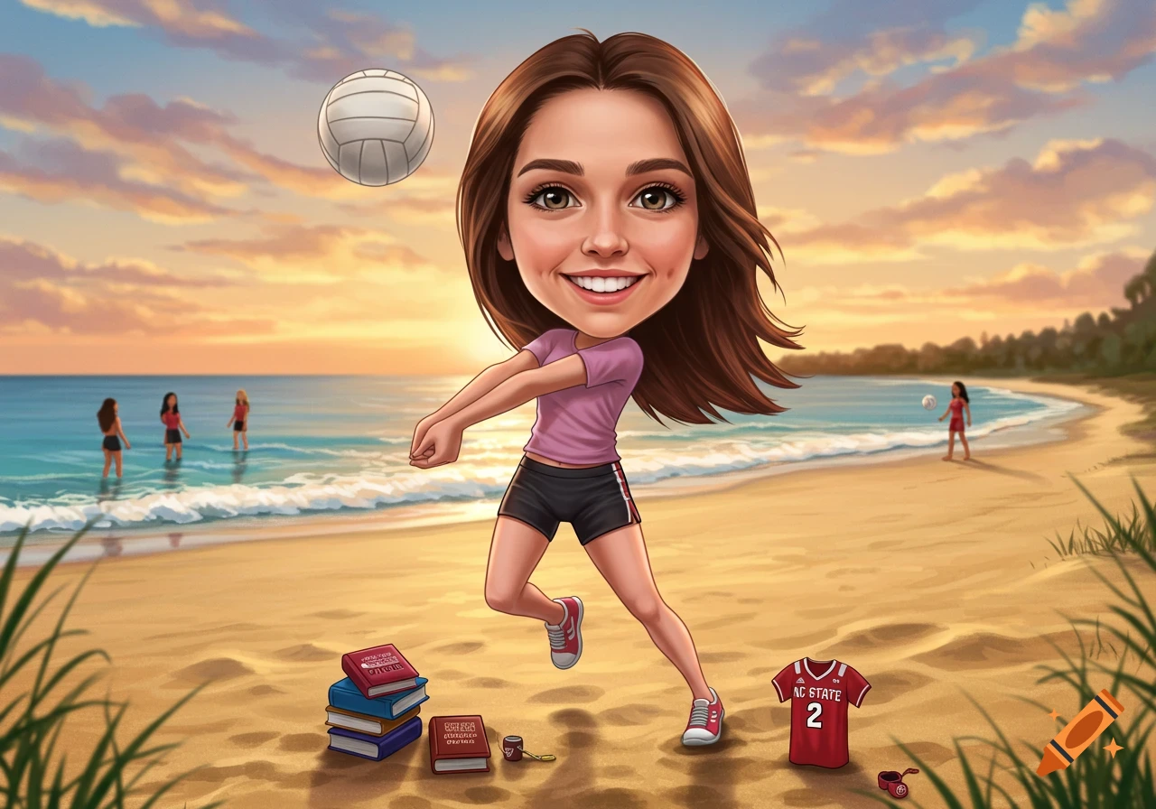 A cartoon girl with a large head playing volleyball on a sunny beach, with books and an NC State jersey beside her.