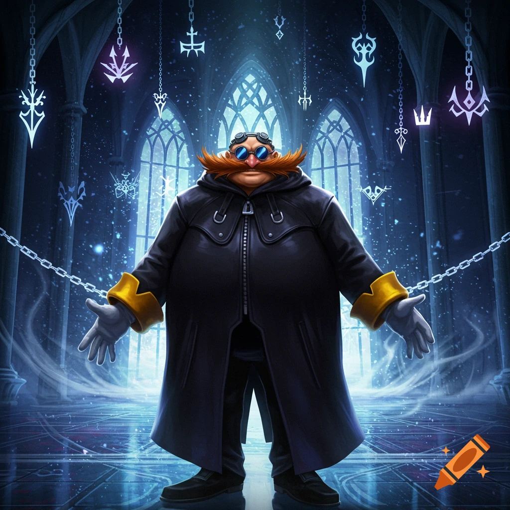 Dr. Eggman in a black Organization XIII coat and goggles stands in a dark gothic cathedral with glowing symbols.
