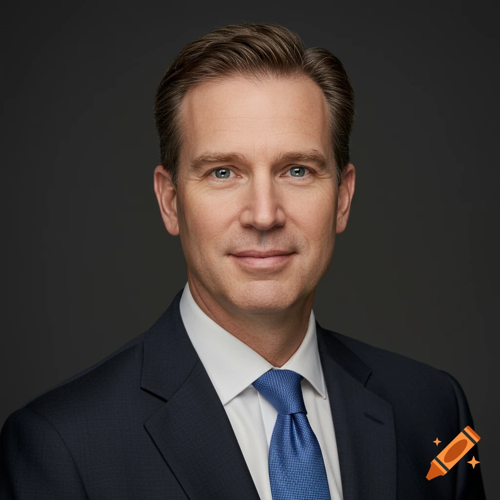 Professional headshot of a man in a dark suit and blue tie, with a confident, approachable expression against a plain dark gray background.