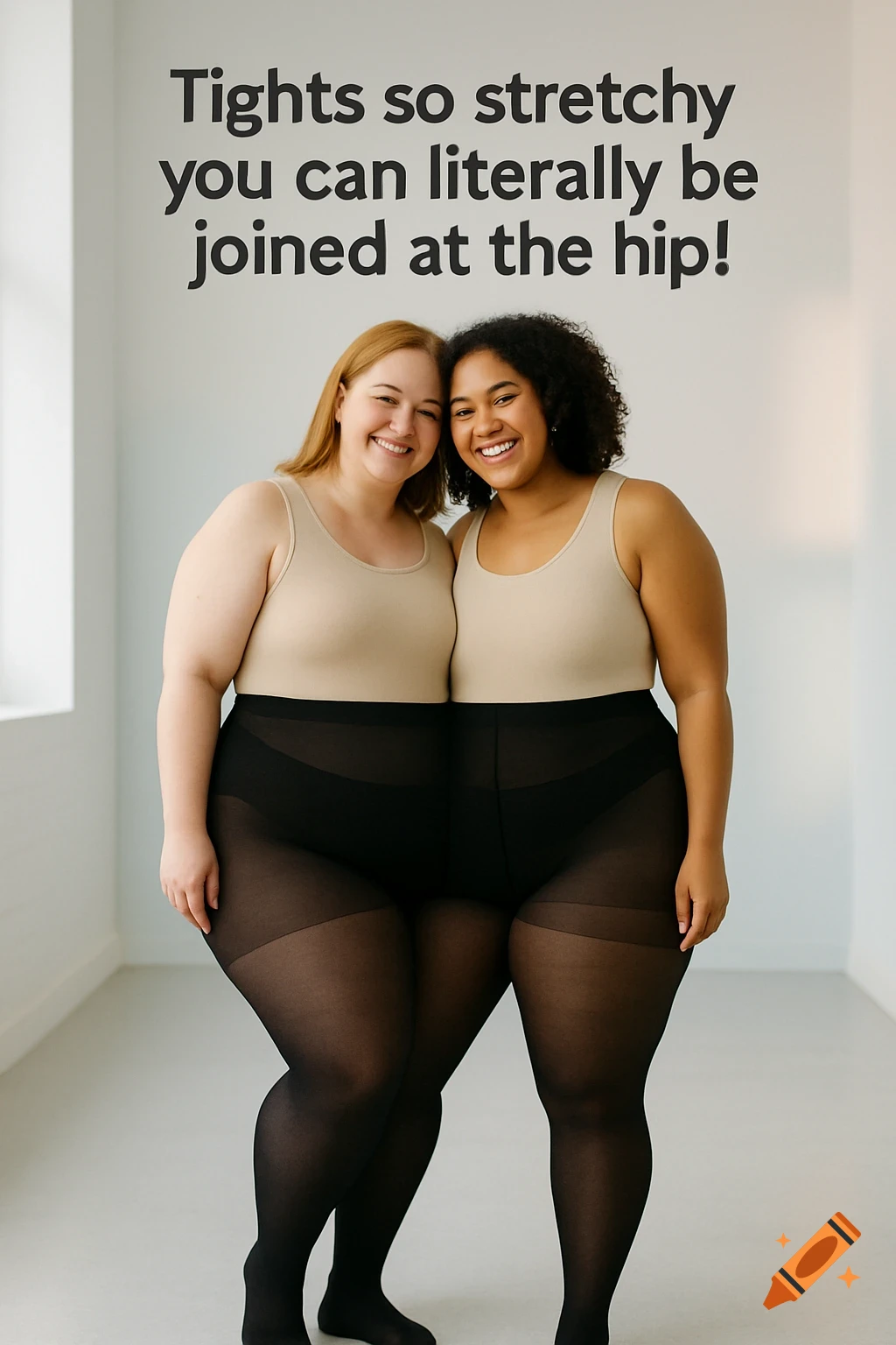 Two smiling women standing close together, appearing conjoined at the hip in black tights, with text on the wall above them.