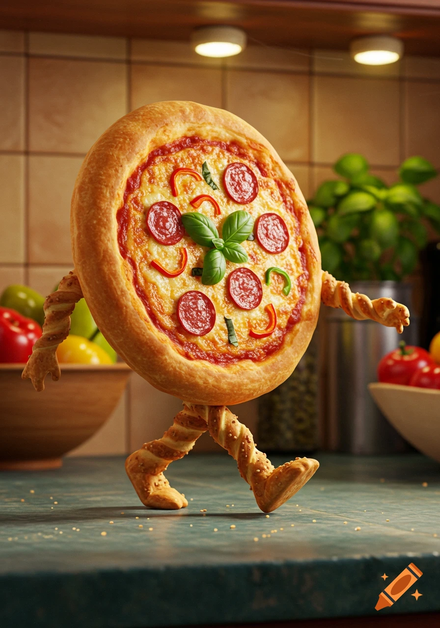 A photorealistic, whimsical image of a pepperoni pizza with crusty arms and legs walking on a kitchen counter.