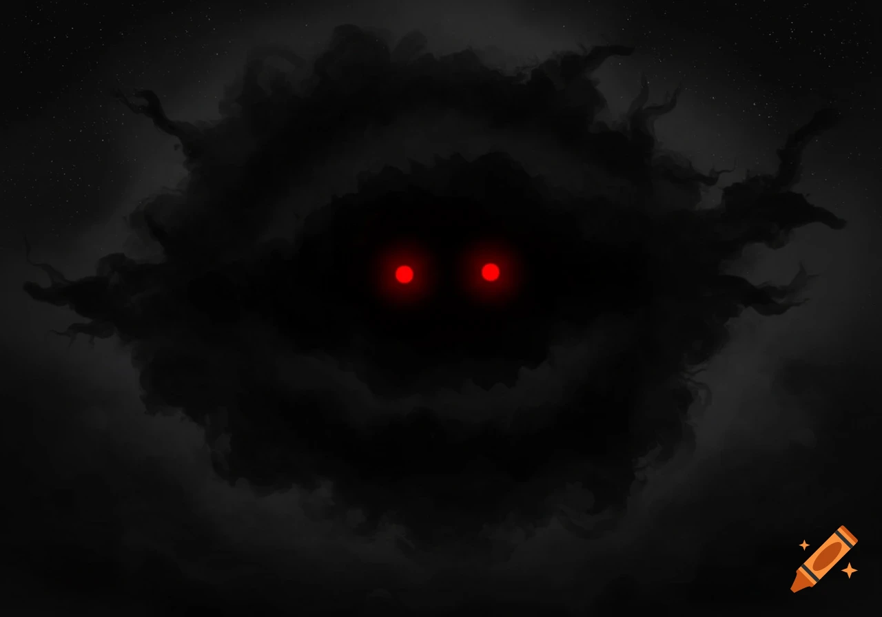 A dark, shadowy cloud entity with two glowing red eyes against a dark, star-filled sky.