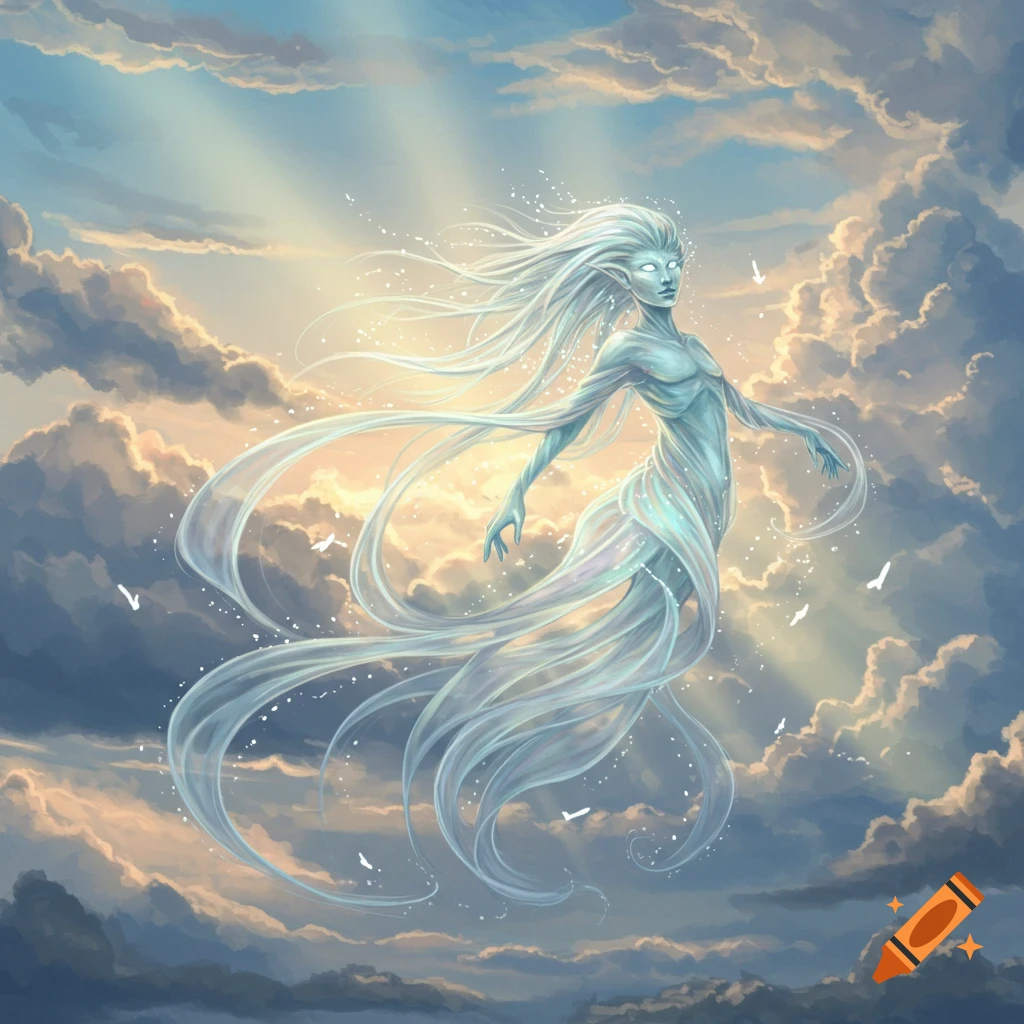 An ethereal wind elemental with flowing white hair and ribbons floats amidst clouds and sunbeams in a fantasy art style.