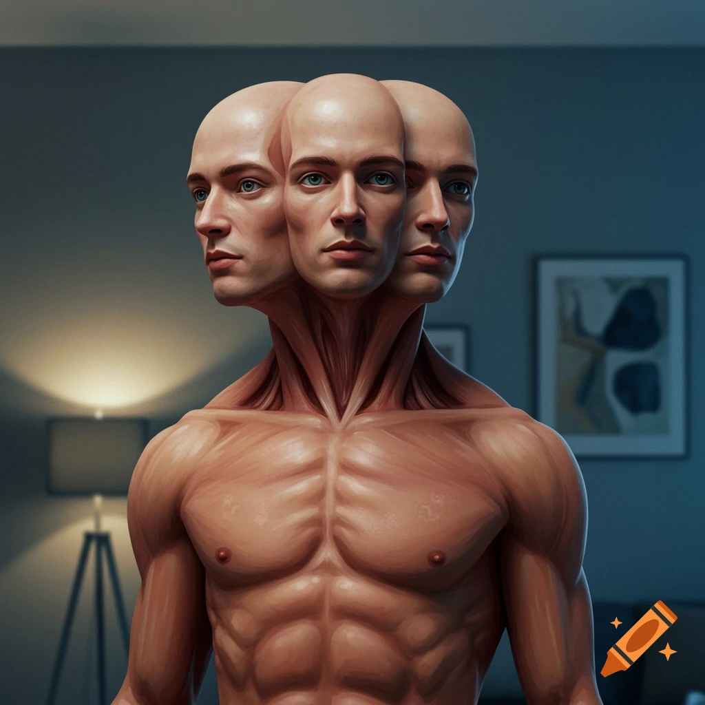 A man with three heads merged at the neck, depicted in a realistic, anatomical style.