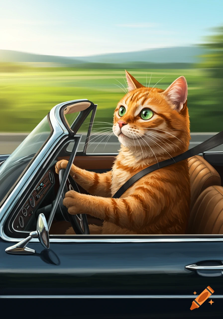 A cartoonish orange cat with green eyes drives a dark blue convertible car on a sunny road.