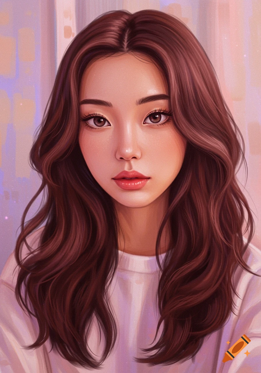 Digital painting portrait of a young woman with long wavy brown hair and light makeup, looking forward.
