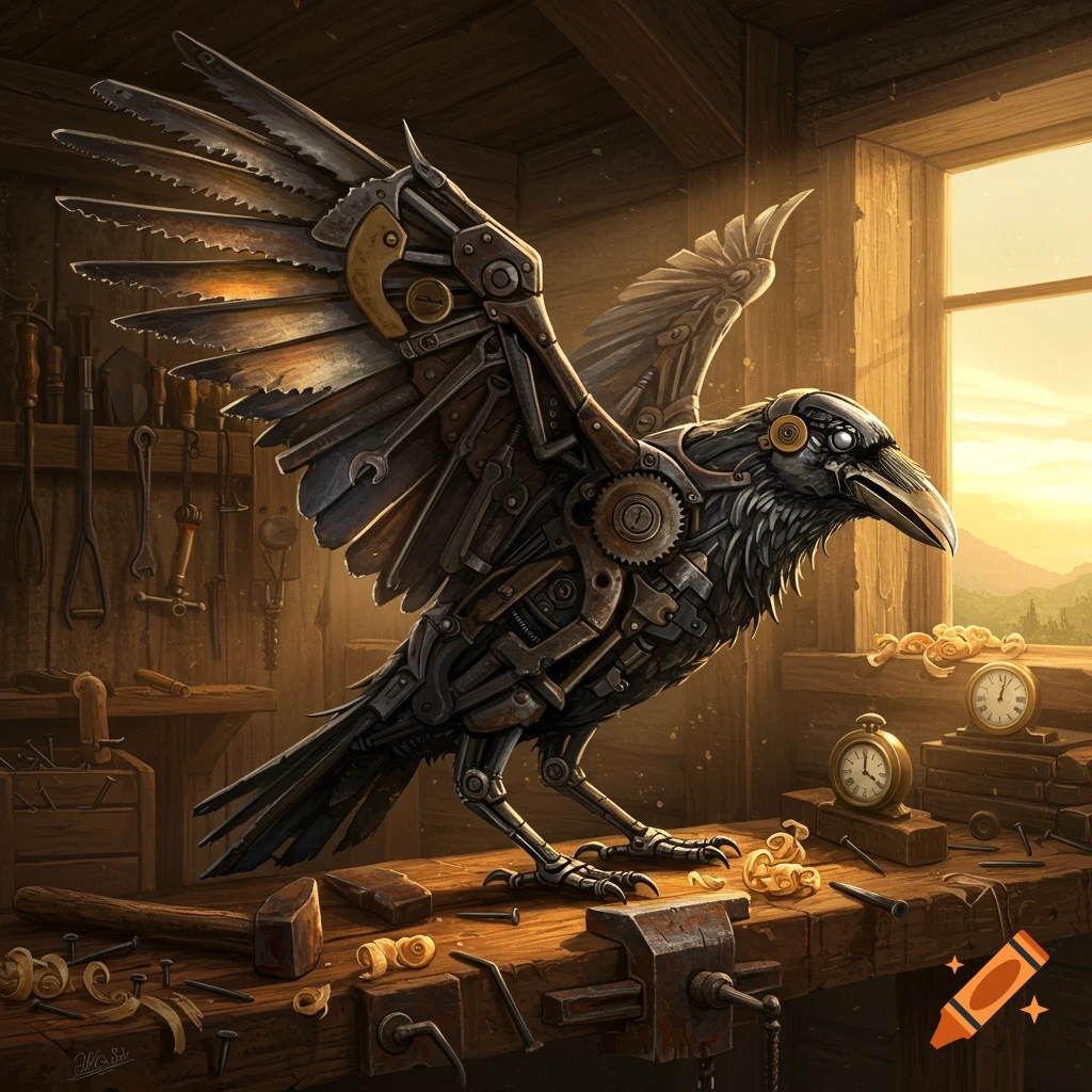 A detailed steampunk raven, constructed from tools and gears, stands on a workbench in a sunlit workshop.