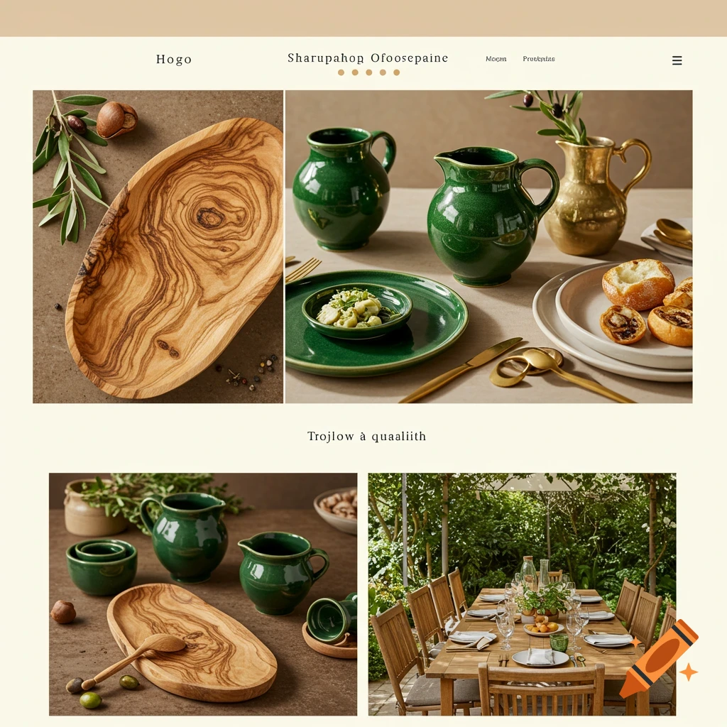 A website layout showcasing product photography of wooden and green ceramic kitchenware, with an outdoor dining table scene below.