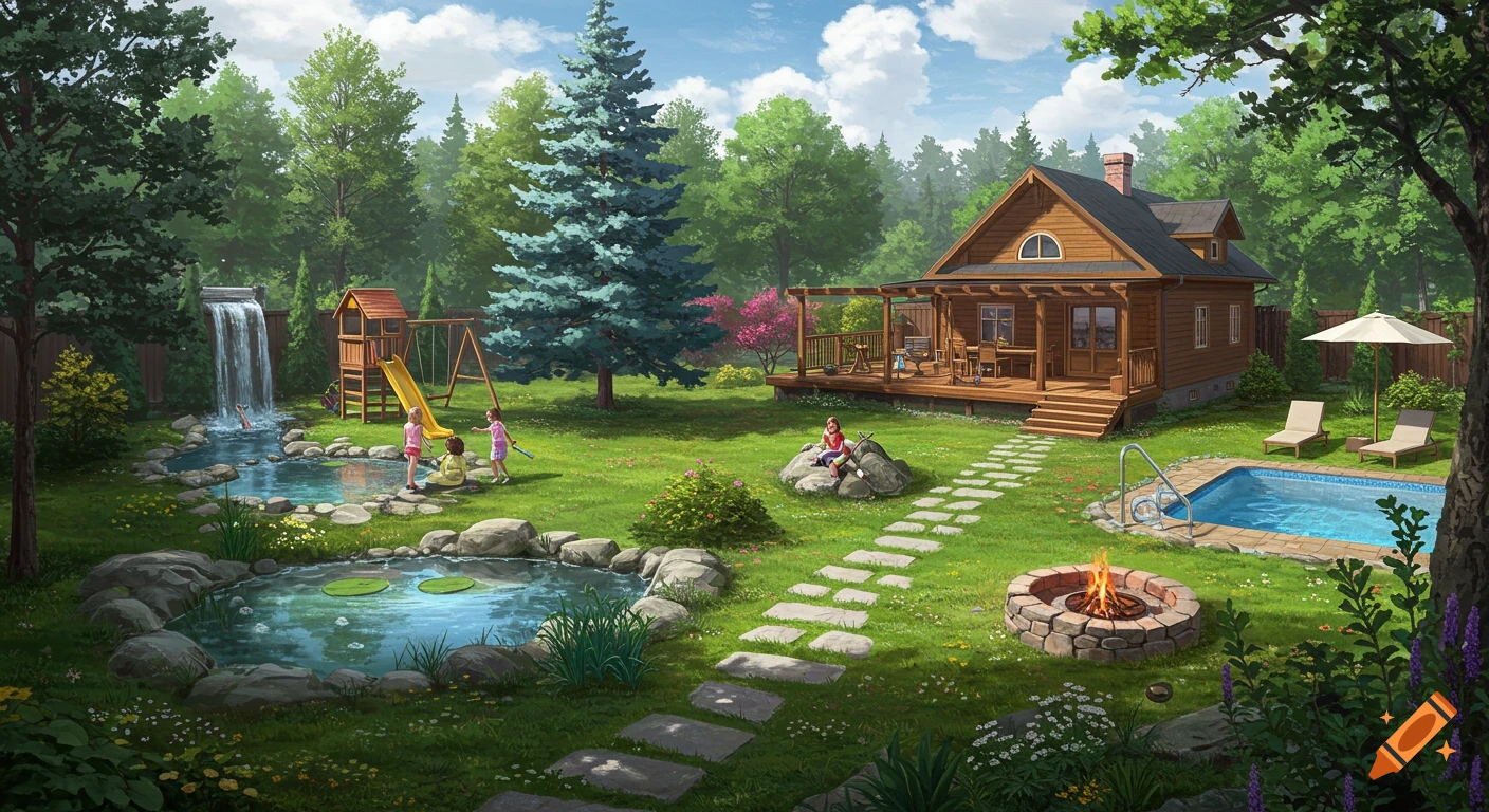 A lush backyard with a wooden house, pool, waterfall, playground, firepit, and children playing.