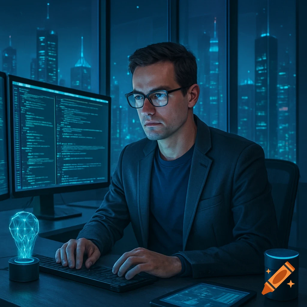 A man wearing glasses works at a computer with code on screens, an illuminated lightbulb on his desk, in an office overlooking a futuristic city at night.