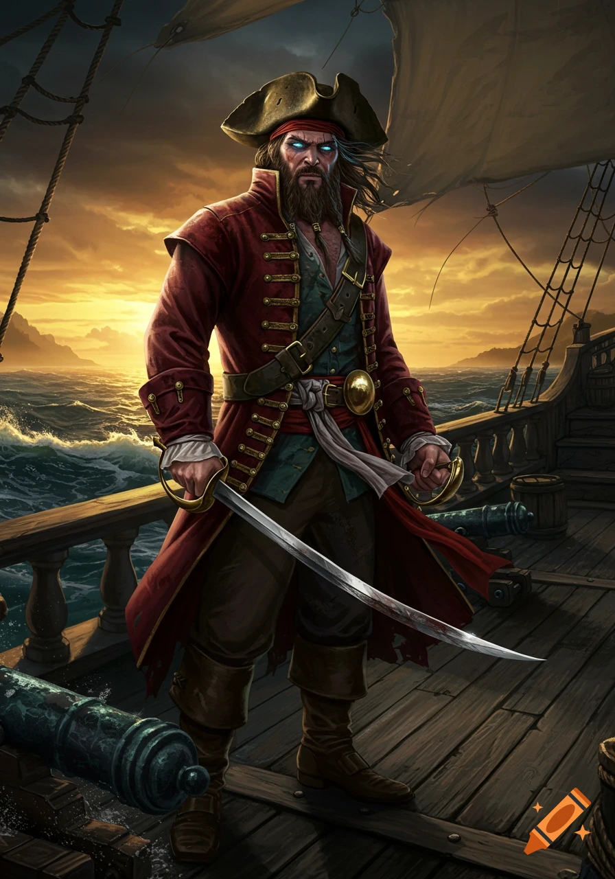 A fierce pirate in a red coat holding a saber on a ship deck at sunset, in a fantasy art style.