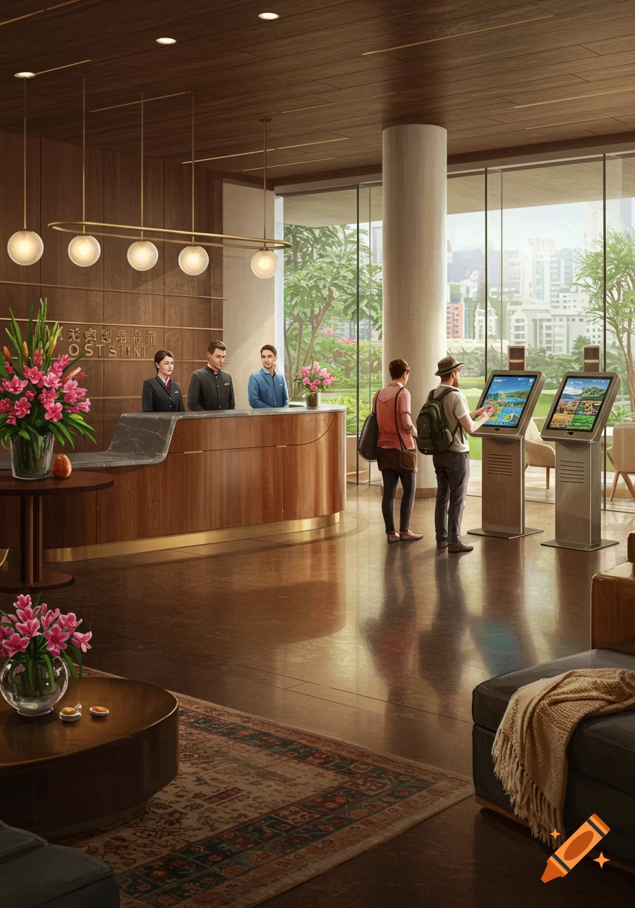 A busy, modern hotel lobby with a reception desk, staff, and guests using digital kiosks.