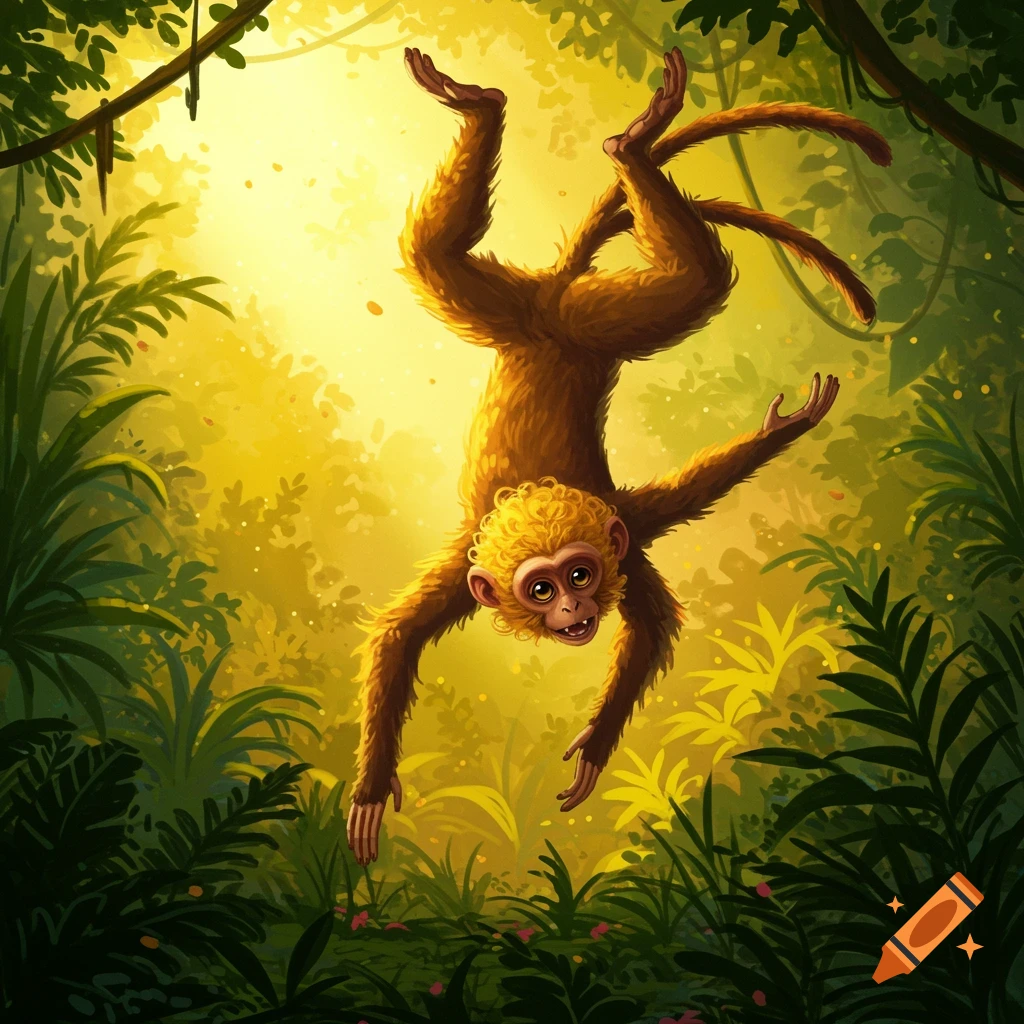 An adorable cartoon monkey with golden curly hair hangs upside down from a vine in a vibrant, sunlit jungle.