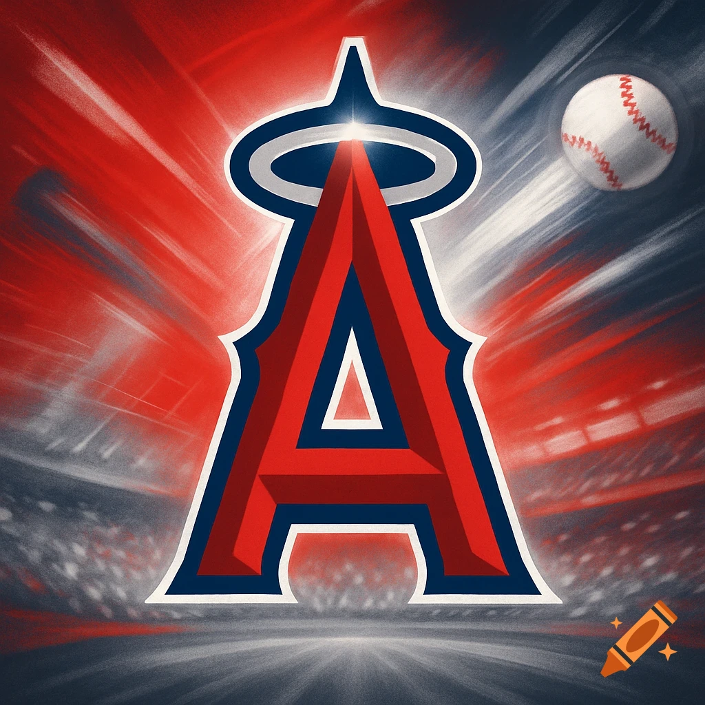 Los Angeles Angels baseball logo with a red 'A' and halo, baseball, and stadium background.