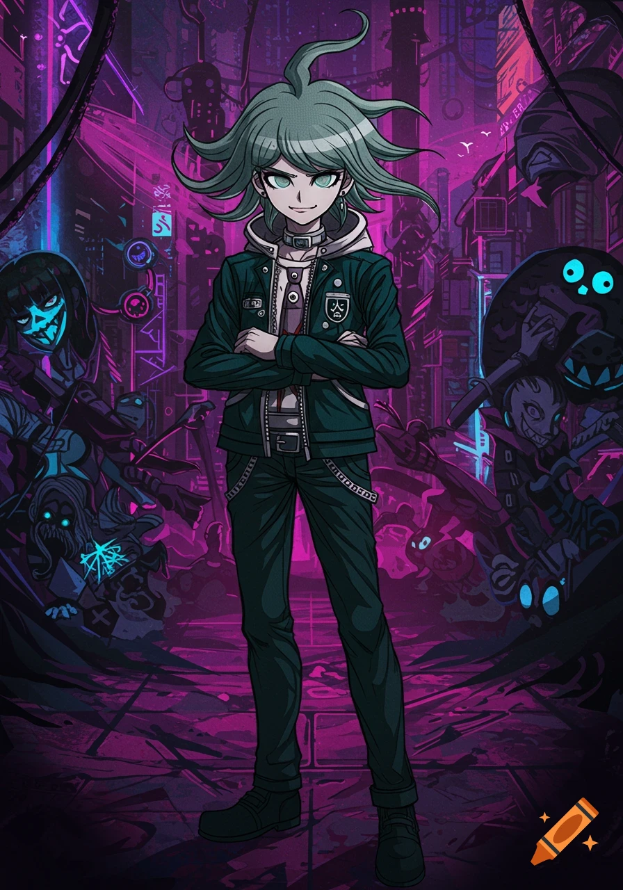 A full-body anime character with green hair and a dark jacket stands with crossed arms in a neon purple cyberpunk city.