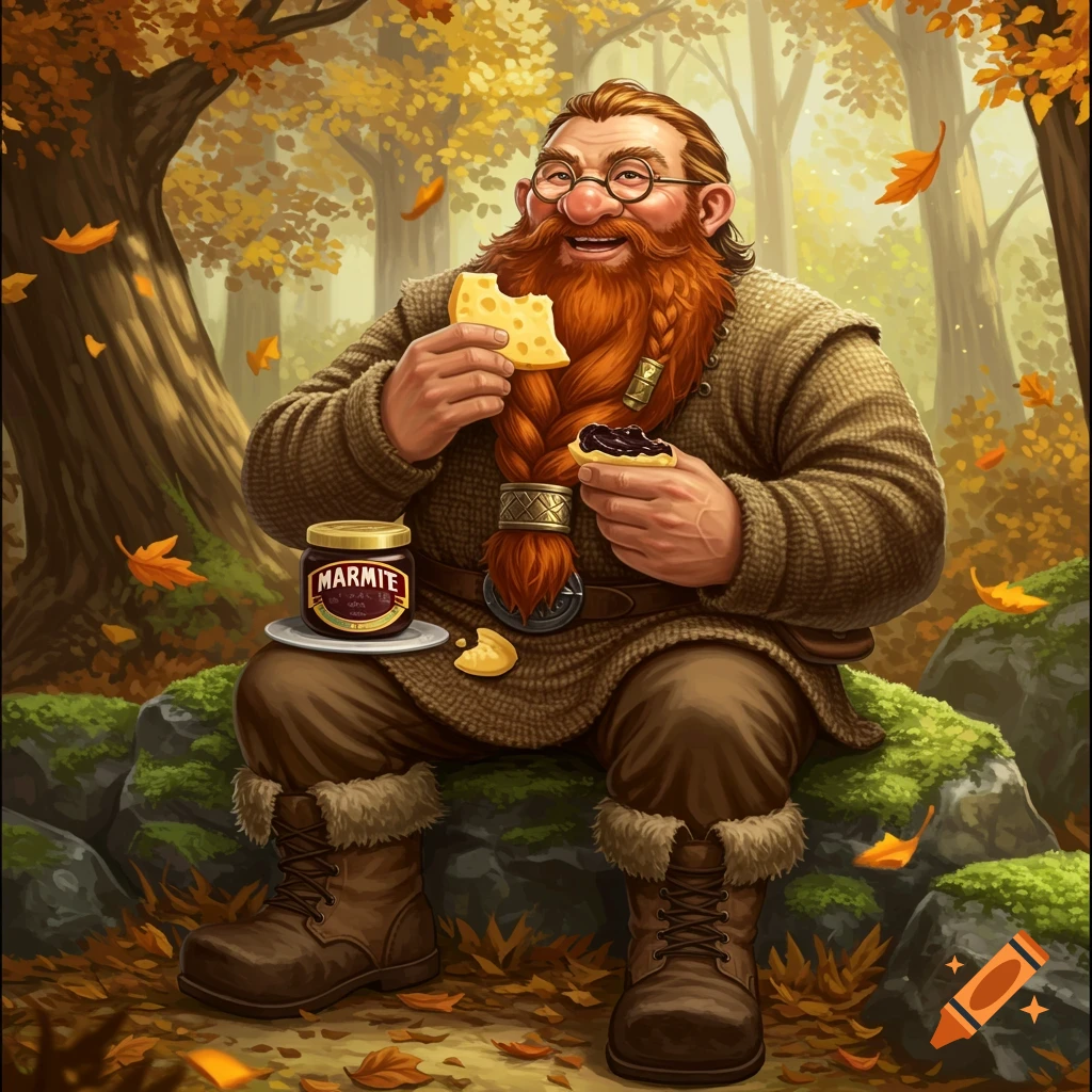 A happy dwarf with a long red braided beard sits in an autumn forest, eating cheese and marmite.