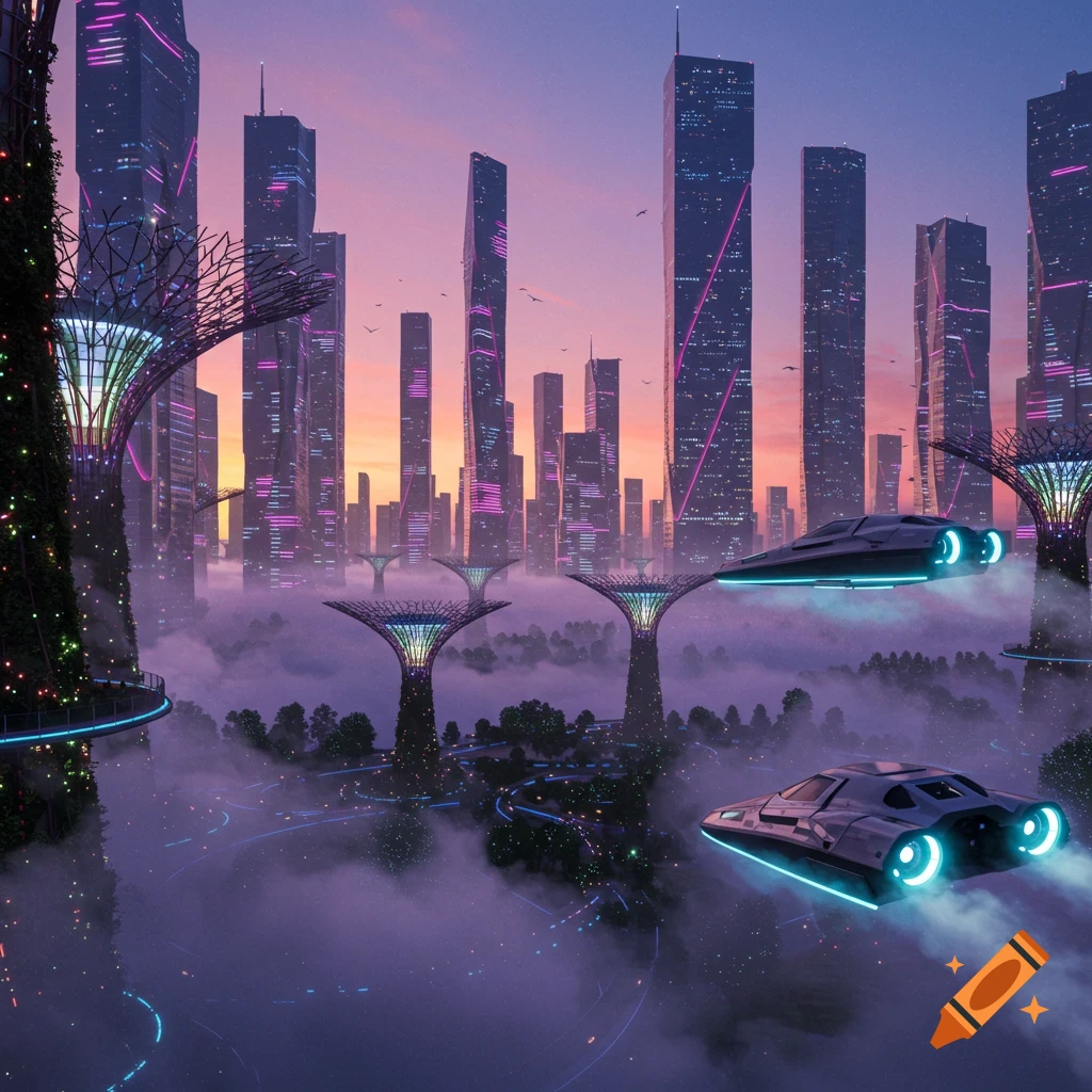 A futuristic city at sunset with glowing skyscrapers, illuminated supertrees, and flying vehicles hovering above a misty landscape.