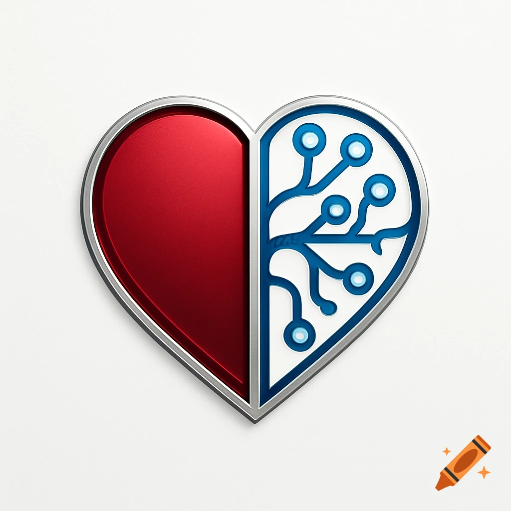 A heart symbol split into two halves: one red and solid, the other with a blue neural network design.