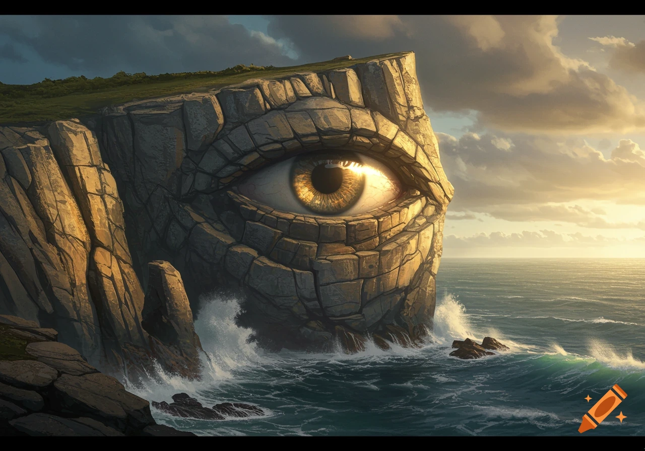 A large golden eye is embedded in a rocky cliff overlooking a wavy ocean under a dramatic sky with sunlight breaking through.