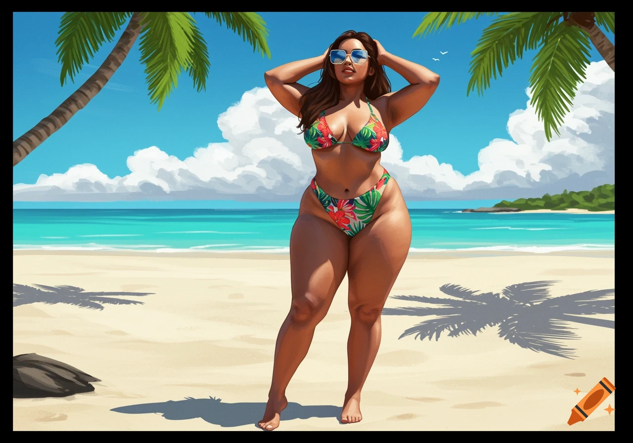 Illustration of a curvy woman in a floral bikini posing on a sunny beach with palm trees and blue ocean.