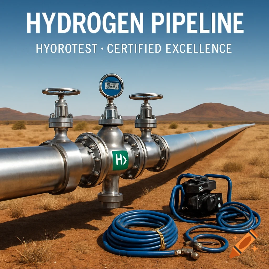 A large hydrogen pipeline with valves, a pressure gauge, and testing equipment in a dry desert landscape under a clear sky. Overlay text reads 'HYDROGEN PIPELINE HYROTEST " CERTIFIED EXCELLENCE'.