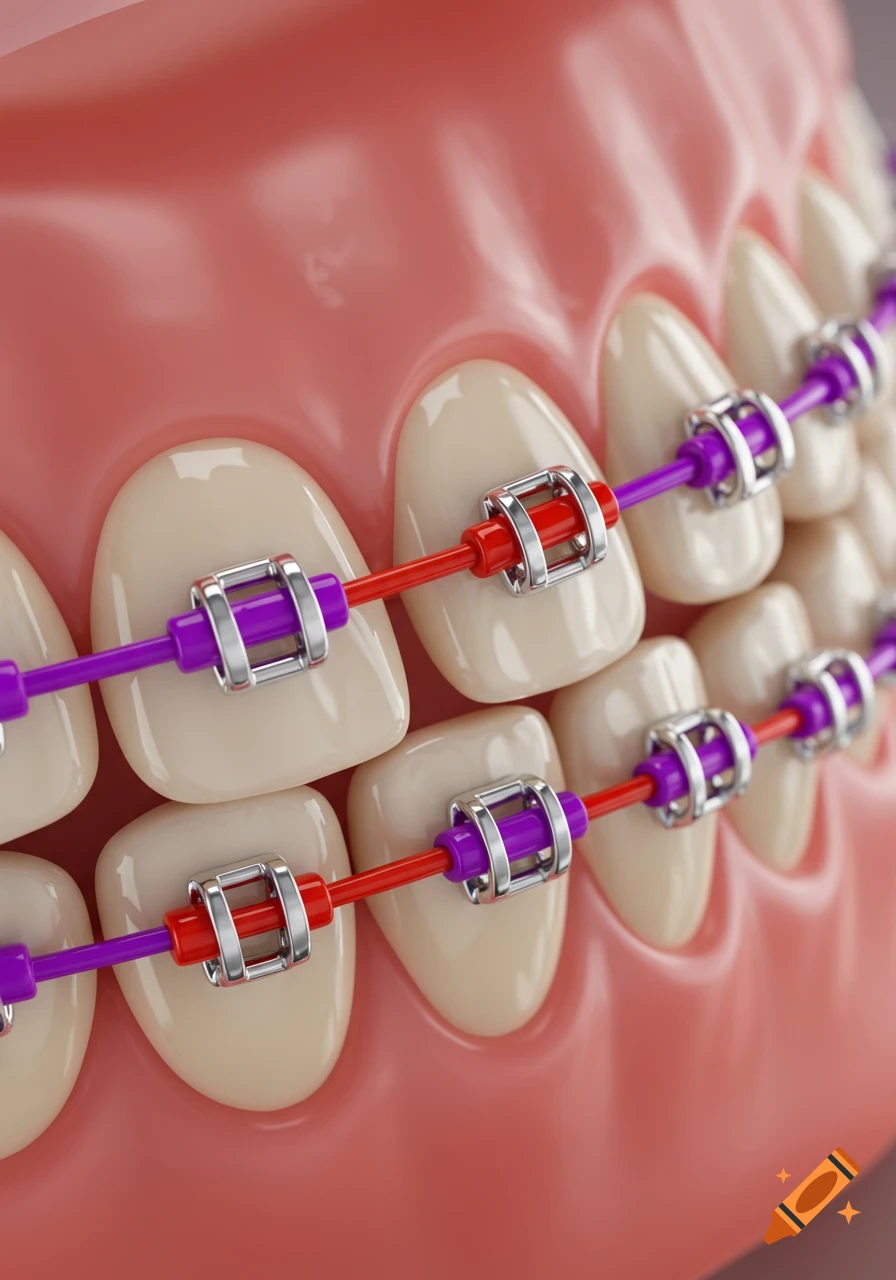 Close-up of human teeth with alternating red and purple bands on ceramic braces.
