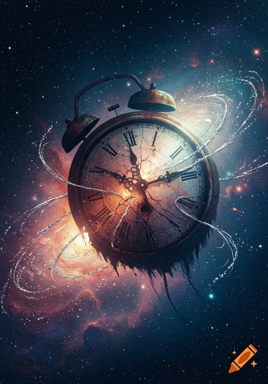 A heavily distressed and cracked alarm clock with Roman numerals floats in deep space, surrounded by vibrant nebulae and swirling light, depicting a dystopian aesthetic.