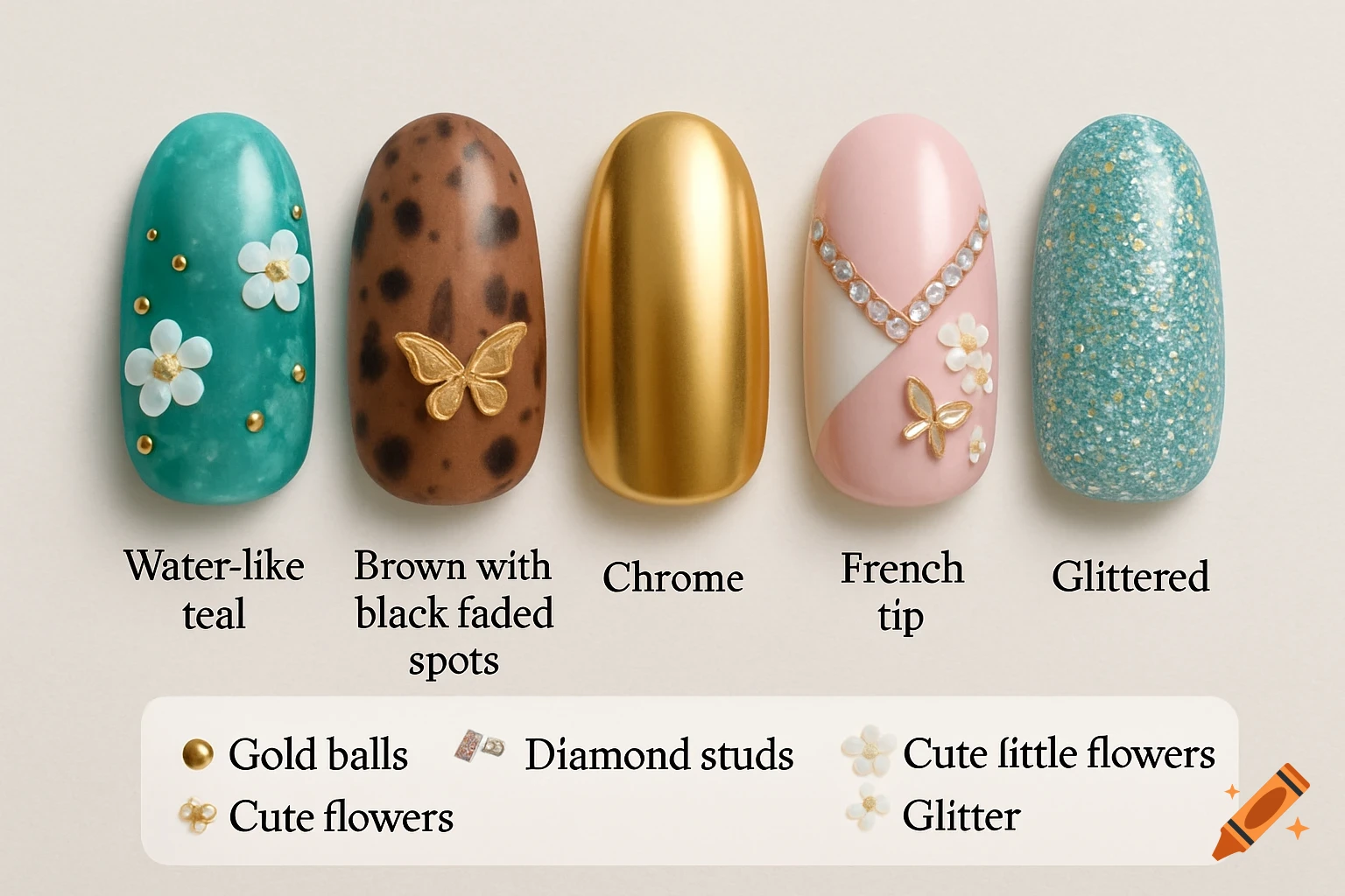 Five different stylized nail designs are displayed, including teal with gold balls and flowers, brown with a gold butterfly, gold chrome, pink and white French tip, and glittered blue. Labels describe each design.