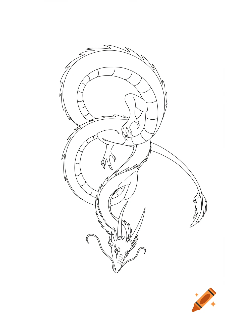 A black and white line art drawing of an Asian-style dragon curling its body and facing downwards.