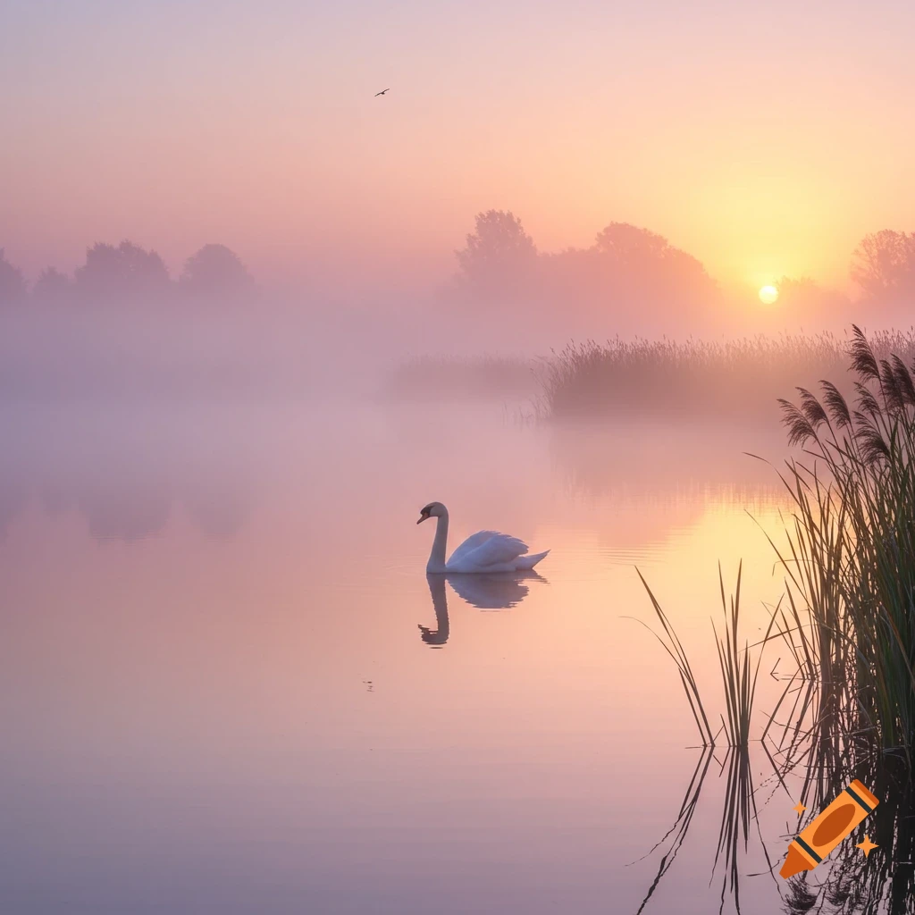 A white swan glides on calm, reflective water during a misty sunrise or sunset, with pastel pink and orange sky, distant trees, and reeds.