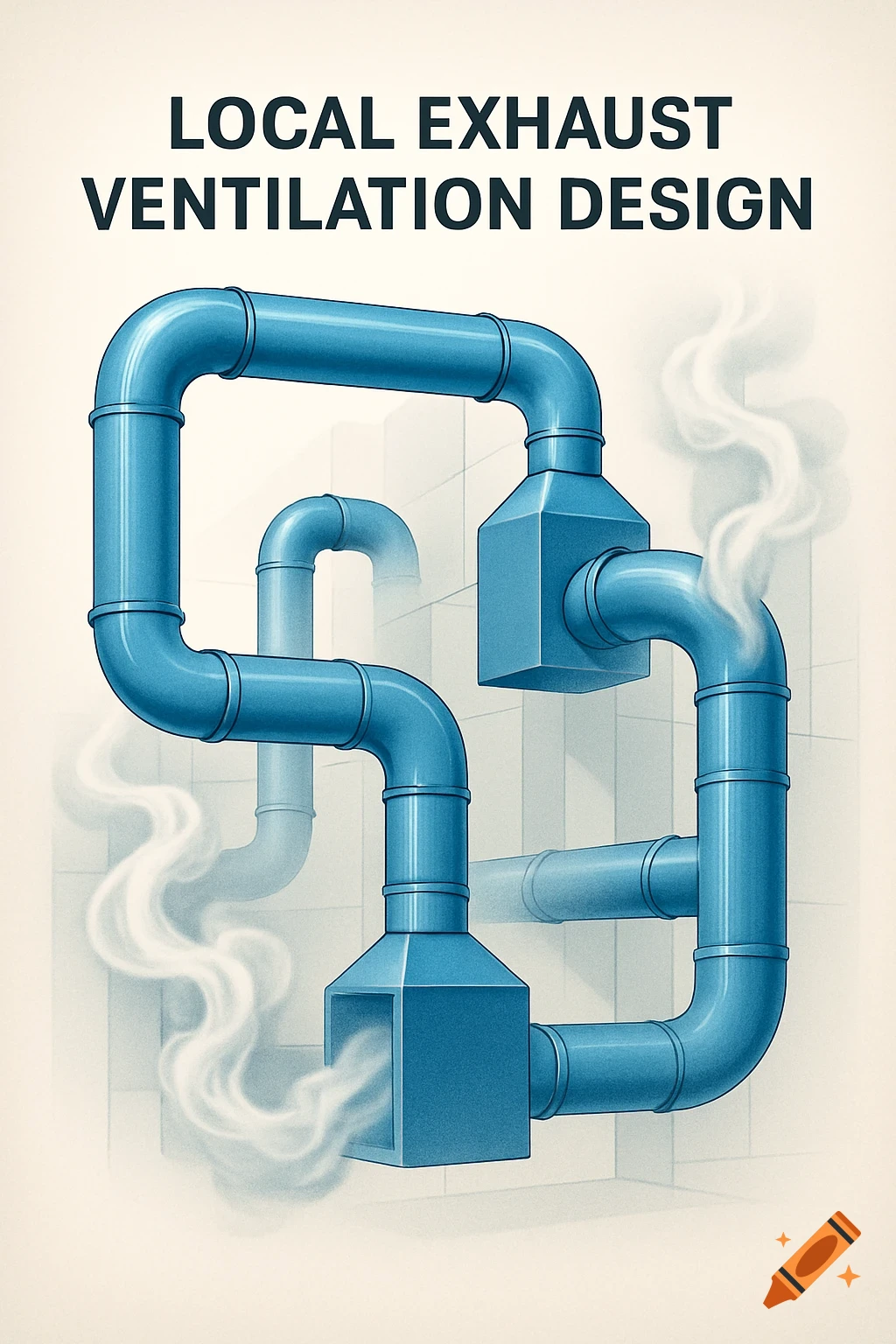Illustration of blue ventilation ducts with smoke on a report cover titled 'LOCAL EXHAUST VENTILATION DESIGN'.