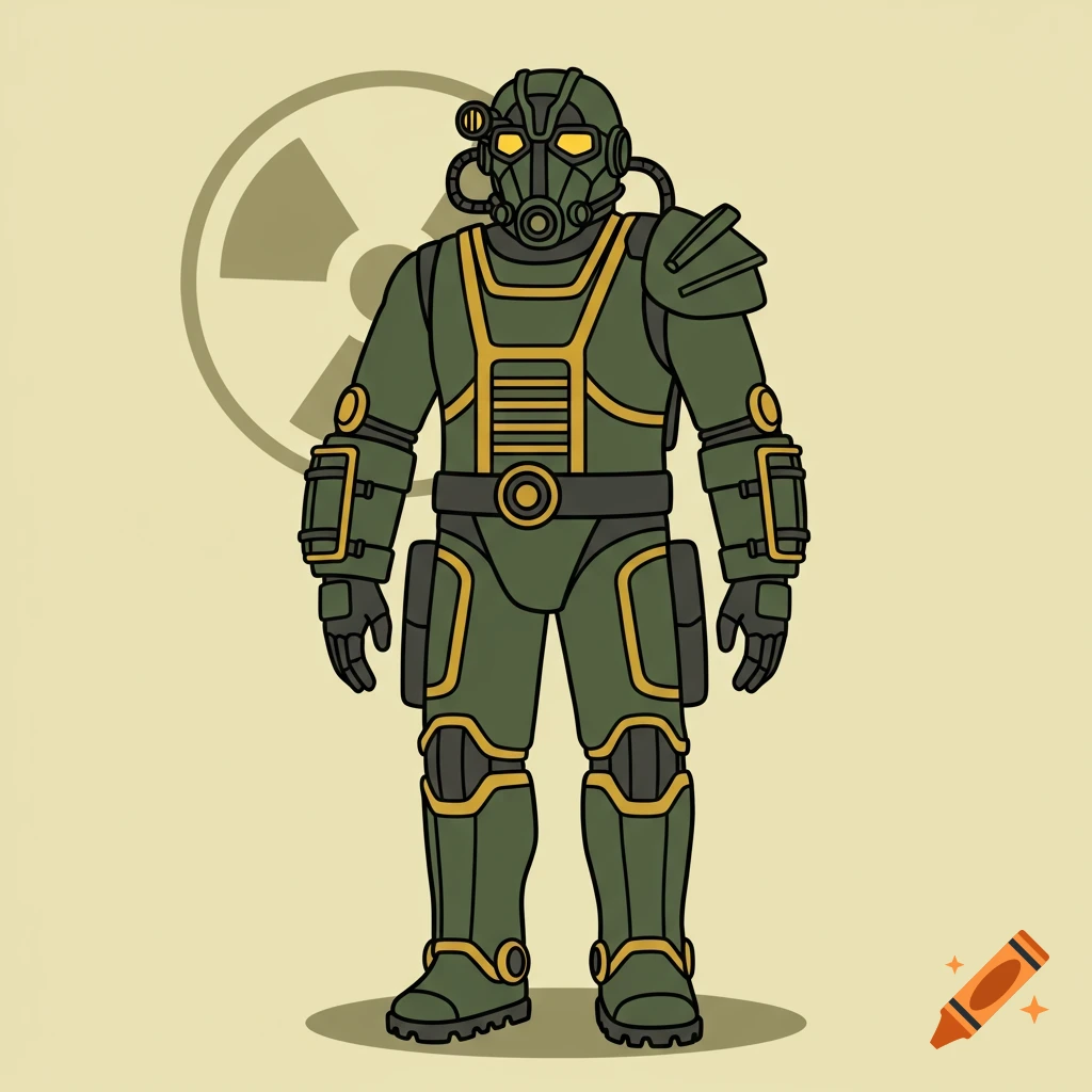 An illustrated character wearing a green and yellow radiation suit with a gas mask, standing against a beige background with a faint radiation symbol.