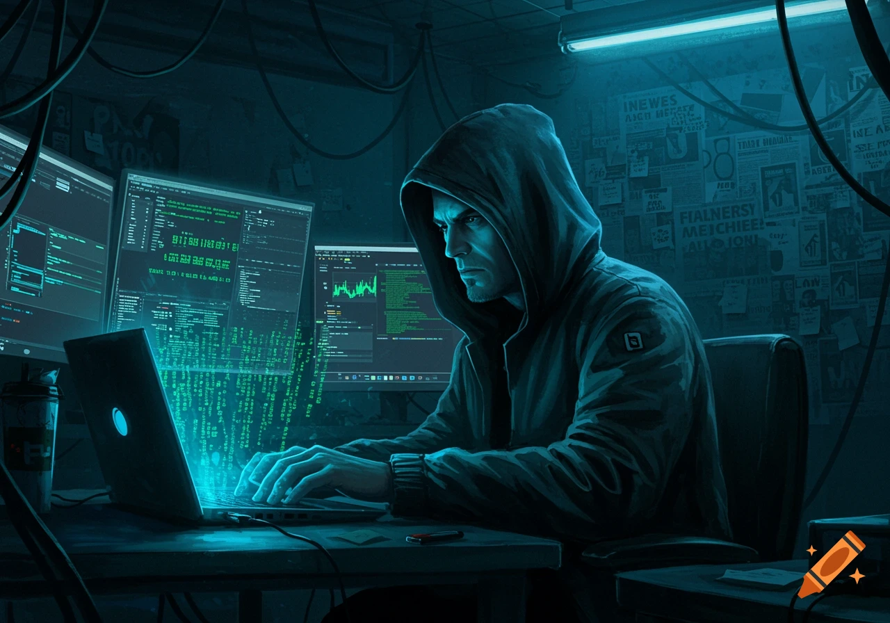 A man in a hooded sweatshirt, a hacker, types on a laptop with glowing green code on the screen, surrounded by multiple monitors in a dark room with posters on the wall.