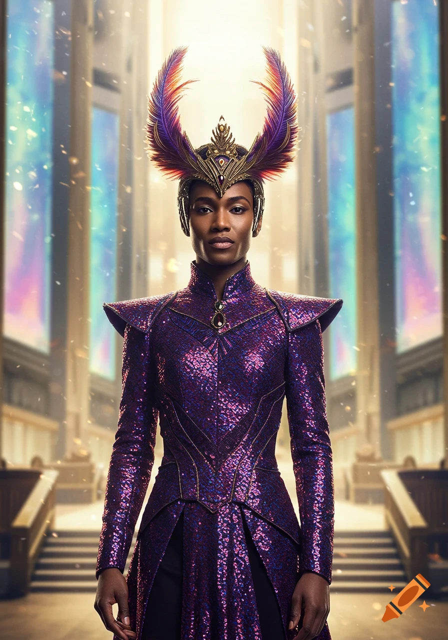 A woman with dark skin and a serious expression stands in a grand hall, wearing a sparkling purple sequined jacket and a golden feathered headpiece.