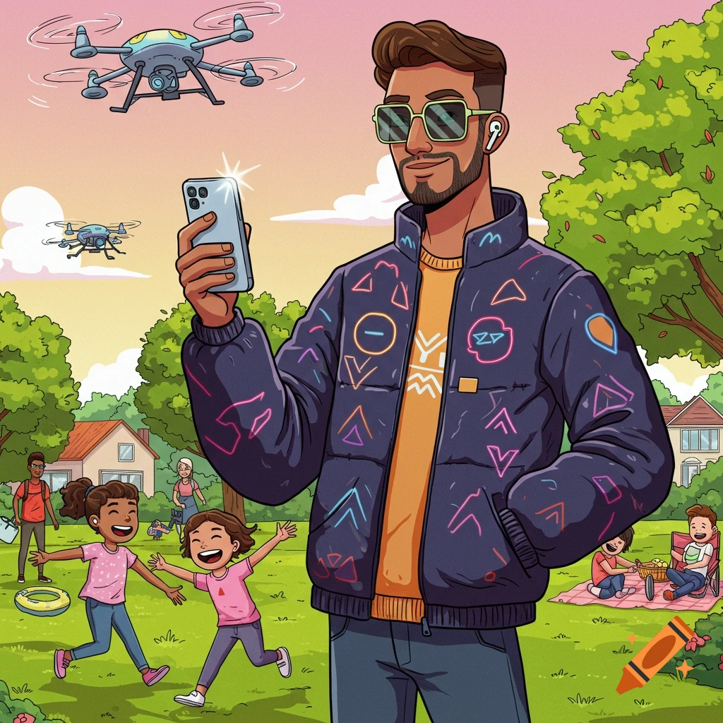 A cartoon illustration of a man with a beard and sunglasses holding a phone, wearing a dark jacket with neon patterns and a yellow t-shirt. He is standing in a park with two drones flying overhead and children playing in the background.