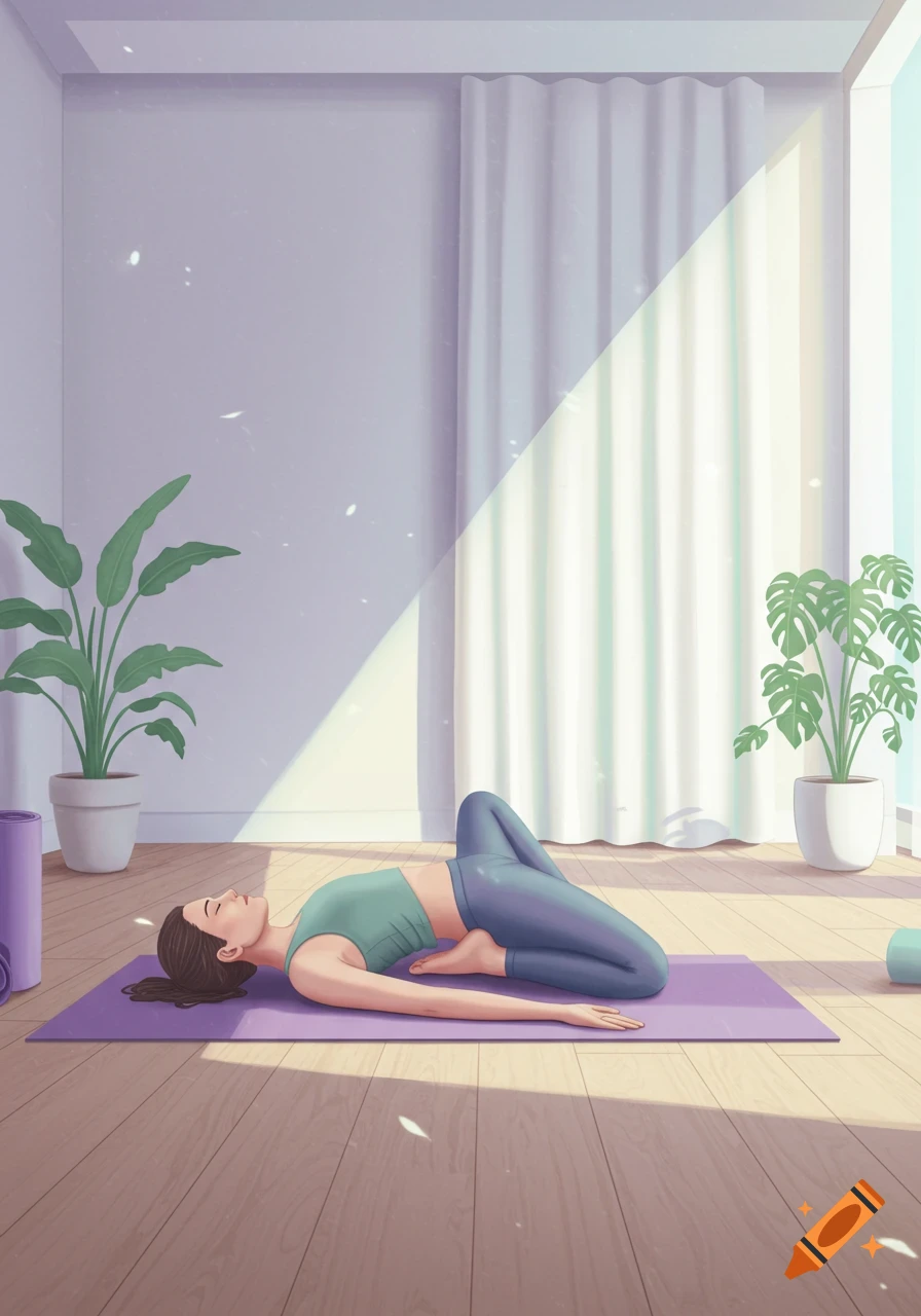 An illustration of a woman doing Supta Baddha Konasana yoga pose on a mat in a bright, sunlit room with plants.