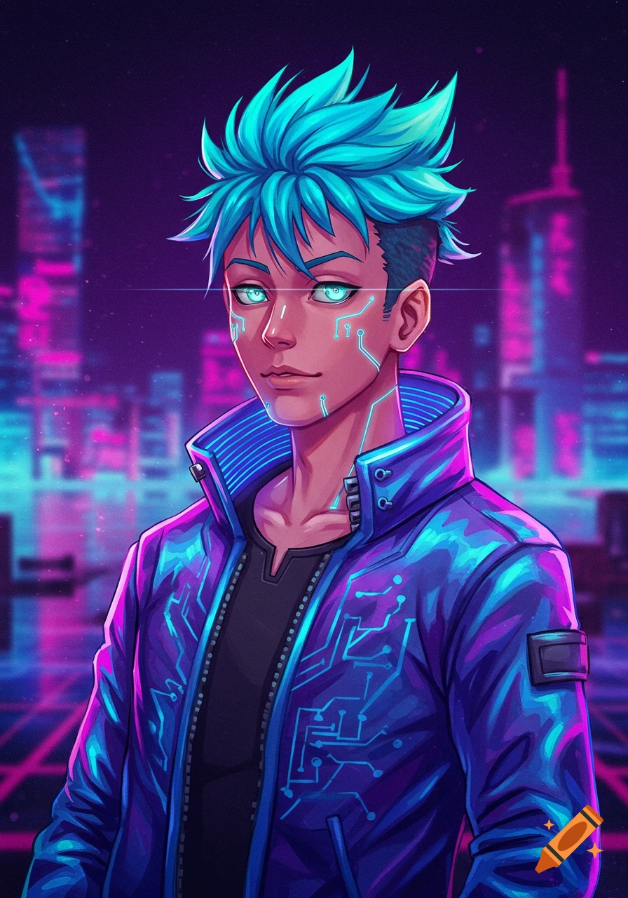An anime-style character with glowing blue eyes and bright blue hair stands against a cyberpunk city background with neon lights.